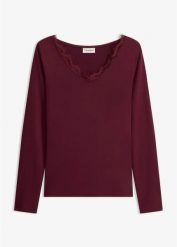 Koszulka z dżerseju z koronką z dekoltem w serek. Czerwone bluzki damskie bonprix, bez wzorów, z dżerseju, eleganckie, bez kołnierzyka, bez ramiączek. Za 69.99 zł.