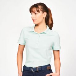 Koszulka polo do golfa damska z krótkim rękawem Inesis MW500. Niebieskie bluzki damskie INESIS, m, bez wzorów, z bawełny, bez kołnierzyka, bez ramiączek. Za 59.99 zł.