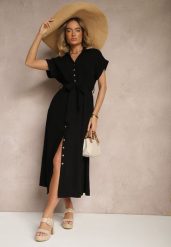 Czarna Bawełniana Sukienka Koszulowa z Wiązanym Paskiem i Krótkim Rękawem Elannoria. Czarne sukienki damskie Renee, bez wzorów, z bawełny, eleganckie, bez ramiączek. W wyprzedaży za 119.99 zł.