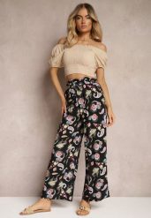 Czarno-Różowe Bawełniane Spodnie Boho w Stylu Palazzo z Gumką w Pasie i Wysokim Stanem Pravia. Czarne spodnie materiałowe damskie Renee, bez wzorów, z bawełny. Za 49.99 zł.