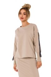 Dresowa Bluza z Lampasami - Beżowa. Brązowe bluzy damskie MOE, l, bez wzorów, z bawełny, bez kaptura. Za 217.39 zł.