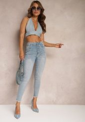 Niebieskie Jeansy o Fasonie Skinny z Postrzępionymi Nogawkami Quinte. Niebieskie jeansy damskie Renee, bez wzorów, z jeansu. Za 99.99 zł.