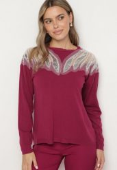 Fioletowy Sweter z Wiskozą Cekinami i Koralikami Nevalanna. Fioletowe swetry klasyczne damskie Born2be, m, z jeansu, bez kołnierzyka. Za 84.99 zł.