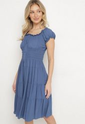 Granatowa Bawełniana Rozkloszowana Sukienka z Guzikami i Bufiastymi Rękawami Annivi. Niebieskie sukienki damskie Born2be, bez wzorów, z bawełny, eleganckie, bez ramiączek. Za 69.99 zł.