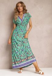 Zielona Rozkloszowana Sukienka Maxi z Printem Paisley z Gumką w Pasie Zoenia. Zielone sukienki damskie Renee, bez wzorów, bez ramiączek. W wyprzedaży za 39.99 zł.