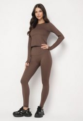 Brązowy Komplet Sportowy Legginsy i Bluzka z Długim Rękawem Toretta. Brązowe legginsy damskie Born2be, m, z aplikacjami. Za 99.99 zł.