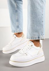 Biało-Złote Sneakersy na Grubej Podeszwie z Napisem i Brokatem Odivena. Białe obuwie sportowe damskie Born2be, z jeansu, bez zapięcia. Za 89.99 zł.