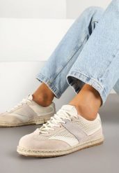 Beżowe Sneakersy Typu Kultowe Tenisówki Zdobione Przeszyciami Grelloti. Brązowe obuwie sportowe damskie Renee, z jeansu, bez zapięcia, tenisowe. Za 74.99 zł.