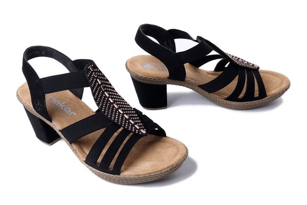 RIEKER 66526-00 black, sandały damskie. Czarne sandały damskie Rieker, bez wzorów, bez obcasa, na obcasie, bez zapięcia. Za 319.90 zł.