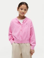 Tommy Hilfiger Kardigan Pointelle KG0KG09503 Różowy jasny Relaxed Fit. Czerwone swetry dziewczęce Tommy Hilfiger, bez wzorów, z bawełny, bez kołnierzyka, bez ramiączek. Za 369.99 zł.