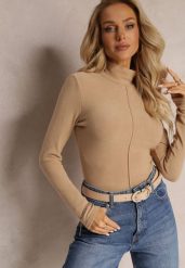 Beżowy Sweter Golf z Ozdobnym Przeszyciem Dayshawn. Brązowe golfy damskie Renee, m, z aplikacjami, z jeansu, bez ramiączek. Za 99.99 zł.