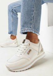 Beżowe Sneakersy na Grubej Podeszwie z Metaliczną Wstawką i Brokatem Lev. Brązowe obuwie sportowe damskie Born2be, bez zapięcia. Za 89.99 zł.