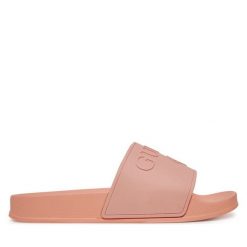 Klapki Guess. Brązowe klapki damskie Guess, z aplikacjami, bez obcasa, bez zapięcia. Za 119.99 zł.