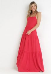 Czerwona Maxi Sukienka na Cienkich Ramiączkach z Wiązaniem na Tyle Ozdobiona Falbankami Beatrics. Czerwone sukienki damskie Born2be, bez wzorów, bez ramiączek. Za 149.99 zł.