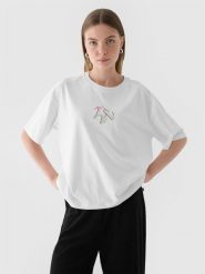 4F T-shirt oversize z nadrukiem damski - biały L. Białe t-shirty damskie 4F, l, bez wzorów, z bawełny, bez kołnierzyka. W wyprzedaży za 29.99 zł.