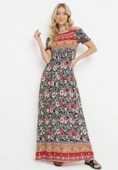 Czarno-Czerwona Sukienka Hiszpanka z Bawełny z Wzorem w Kwiaty w Stylu Boho Hesperea. Czarne sukienki damskie Born2be, bez wzorów, z bawełny, boho, bez ramiączek. Za 79.99 zł.