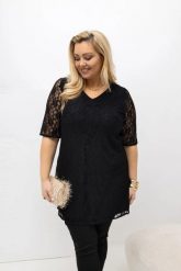 Czarna tunika wizytowa Larise z eleganckiej koronki PLUS SIZE XXL OVERSIZE WIOSNA. Czarne tuniki damskie Moda Size Plus Iwanek, do pracy, na wiosnę, plus size, bez wzorów, z elastanu, biznesowe, bez kołnierzyka, bez ramiączek. Za 199.90 zł.