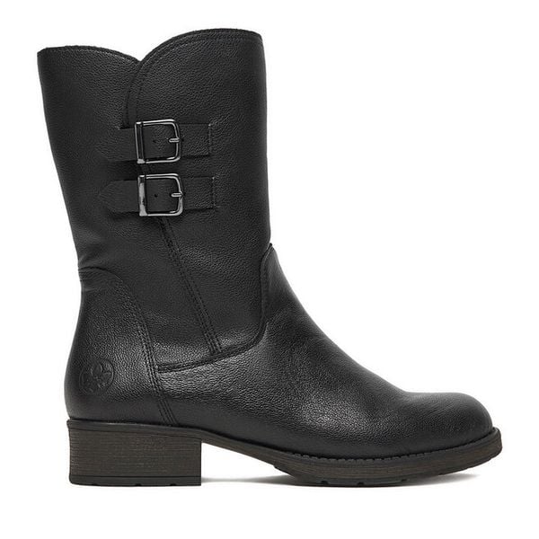 Botki Rieker. Czarne botki damskie Rieker, bez obcasa, na płaskiej podeszwie, bez zapięcia. Za 429.99 zł.