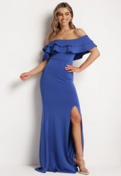 Granatowa Elegancka Sukienka Typu Hiszpanka z Rozkloszowanym Dołem i Wycięciami Tumini. Niebieskie sukienki damskie Born2be, bez wzorów, z dzianiny, eleganckie, bez ramiączek. W wyprzedaży za 161.49 zł.