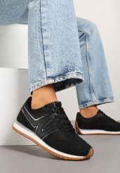 Czarne Sneakersy z Metaliczną Lamówką i Geometrycznym Wzorem Tosvella. Czarne obuwie sportowe damskie Born2be, z jeansu, bez zapięcia. Za 84.99 zł.