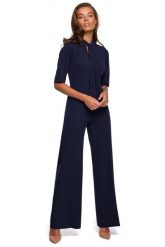 Kombinezon z Wiązaniem - Granatowy. Niebieskie kombinezony damskie MOE, l, bez wzorów, z elastanu, eleganckie, bez kołnierzyka, bez ramiączek. Za 288.90 zł.