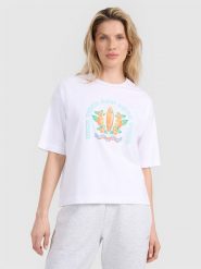 4F T-shirt oversize z nadrukiem damski - biały XL. Białe koszulki sportowe damskie 4F, uniwersalny, bez wzorów, z bawełny, bez ramiączek. W wyprzedaży za 39.99 zł.