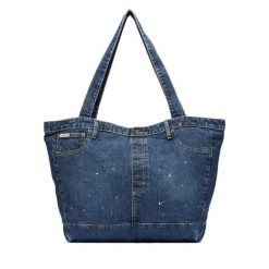 Torebka Guess Jeans. Niebieskie shopper bag Guess Jeans, z aplikacjami, z jeansu, bez dodatków. Za 299.99 zł.