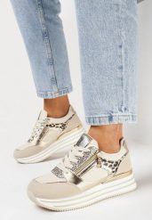Beżowe Sneakersy na Grubej Podeszwie z Brokatem i Metalicznymi Wstawkami Aeliss. Brązowe obuwie sportowe damskie Born2be, bez zapięcia. Za 99.99 zł.