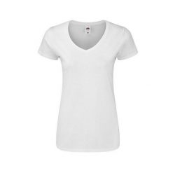 Koszulka Damska Iconic 140 Z Dekoltem V. Białe bluzki damskie Fruit of the Loom, xs, bez wzorów, sportowe, bez kołnierzyka, bez ramiączek. Za 30.99 zł.