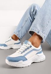 Biało-Niebieskie Sneakersy na Grubej Podeszwie z Materiałowymi Wstawkami Kendria. Białe obuwie sportowe damskie Born2be, z materiału, bez zapięcia. Za 99.99 zł.