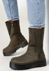 Zielone Botki na Platformie Agdrise. Zielone botki damskie Born2be, na jesień, eleganckie, za kostkę, bez obcasa, na platformie, bez zapięcia. Za 109.99 zł.