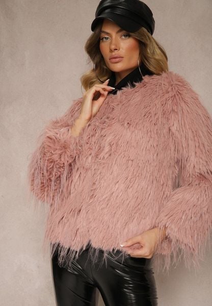 Różowa Futerkowa Kurtka o Prostym Kroju z Zapięciem na Haftki Sialithiel. Czerwone kurtki damskie Renee, l, bez wzorów, bez kaptura. Za 149.99 zł.