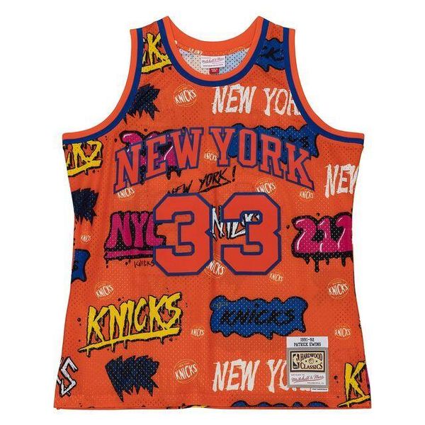 Koszulka z naklejką New York Knicks Swingman 1991/92. Brązowe koszulki damskie Mitchell & Ness, bez wzorów, bez kołnierzyka, bez ramiączek. Za 636.50 zł.