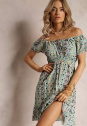 Zielona Mini Rozkloszowana Sukienka o Hiszpańskim Fasonie z Wiskozy Ruzara. Zielone sukienki damskie Renee, bez wzorów, z wiskozy, bez ramiączek. W wyprzedaży za 47.99 zł.
