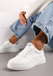 Biało-Szare Klasyczne Sneakersy na Grubszej Podeszwie Ozdobione Perforacją Hinesta. Białe obuwie sportowe damskie Born2be, z materiału, bez zapięcia. Za 84.99 zł.