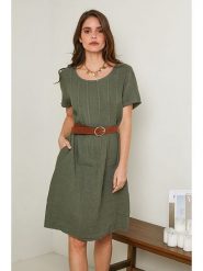 Rodier Lin Lniana sukienka w kolorze oliwkowym rozmiar: XL/XXL. Brązowe sukienki damskie Rodier Lin, bez wzorów, ze lnu, bez ramiączek. Za 123.53 zł.