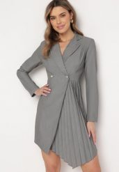 Szara Rozkloszowana Sukienka Mini z Kopertową Górą i Plisami na Dole Lontasa. Szare sukienki damskie Born2be, bez wzorów, eleganckie, bez ramiączek. W wyprzedaży za 110.49 zł.