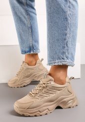 Ciemnobeżowe Sneakersy na Tłoczonej Podeszwie z Siateczkowymi Wstawkami Amrogia. Brązowe obuwie sportowe damskie Renee, bez zapięcia. Za 99.99 zł.