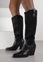 Czarne Kozaki Kowbojki na Stożku z Cholewką z Łączonych Materiałów Aveleria. Czarne kozaki damskie Born2be, z jeansu, bez obcasa, na obcasie, bez zapięcia. Za 159.99 zł.
