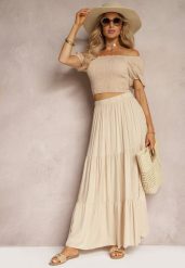 Beżowa Wiskozowa Spódnica High Waist z Gumką w Talii i Falbanką Christiara. Brązowe spódnice damskie Renee, na lato, bez wzorów, z materiału, maxi. Za 39.99 zł.