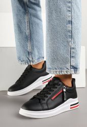 Czarne Sneakersy Ozdobione Paskami Suwakiem i Napisami Toslira. Czarne obuwie sportowe damskie Born2be, z jeansu, bez zapięcia. Za 79.99 zł.