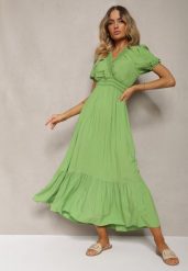 Jasnozielona Boho Sukienka z Bawełny o Kopertowym Fasonie Rissatina. Zielone sukienki damskie Renee, bez wzorów, z bawełny, biznesowe, bez ramiączek. W wyprzedaży za 39.99 zł.