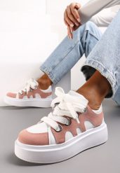 Biało-Różowe Sneakersy na Platformie Schiltes. Czerwone obuwie sportowe damskie Renee, z jeansu, bez zapięcia. Za 99.99 zł.