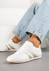 Biało-Złote Sneakersy Typu Tenisówki z Paseczkami Liantina. Białe obuwie sportowe damskie Renee, z jeansu, bez zapięcia, tenisowe. Za 74.99 zł.