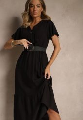 Czarna Rozkloszowana Sukienka z Bawełny Zdobiona Guzikami Folennea. Czarne sukienki damskie Renee, z aplikacjami, z bawełny, eleganckie, bez ramiączek. W wyprzedaży za 63.99 zł.