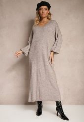 Beżowa Pudełkowa Sukienka Sweterkowa z Wiskozą ze Ściągaczami Besizia. Brązowe sukienki damskie Renee, bez wzorów, z wiskozy, eleganckie, bez ramiączek. W wyprzedaży za 111.99 zł.