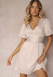 Beżowa Taliowana Sukienka z Dodatkiem Bawełny na Suwak Ozdobiona Bufiastymi Rękawami Malfea. Brązowe sukienki damskie Renee, bez wzorów, z bawełny, eleganckie, bez ramiączek. W wyprzedaży za 83.99 zł.