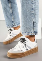 Białe Sneakersy na Kauczukowej Podeszwie z Brokatem Telisetia. Białe obuwie sportowe damskie Born2be, z kauczuku, bez zapięcia. Za 99.99 zł.
