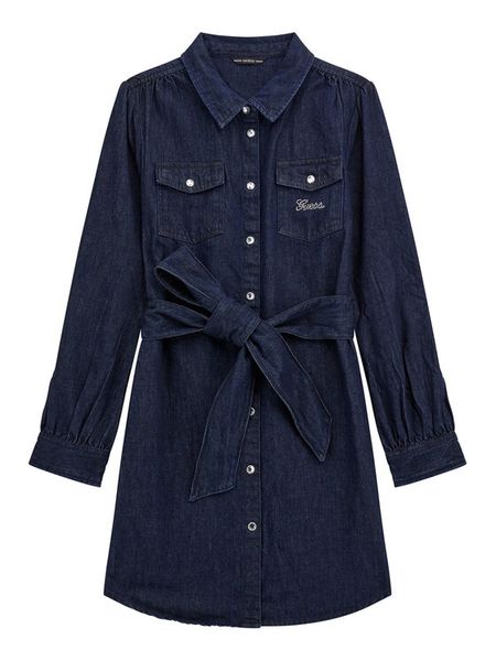 Guess Sukienka jeansowa J5BK22 D4EU0 Granatowy Regular Fit. Niebieskie sukienki dziewczęce Guess, z aplikacjami, z bawełny, bez ramiączek, proste. Za 249.99 zł.