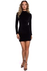 Czarna Welurowa Dopasowana Mini Sukienka ze Stójką. Czarne sukienki damskie MOE, bez wzorów, z bawełny, wizytowe, bez ramiączek. Za 263.90 zł.